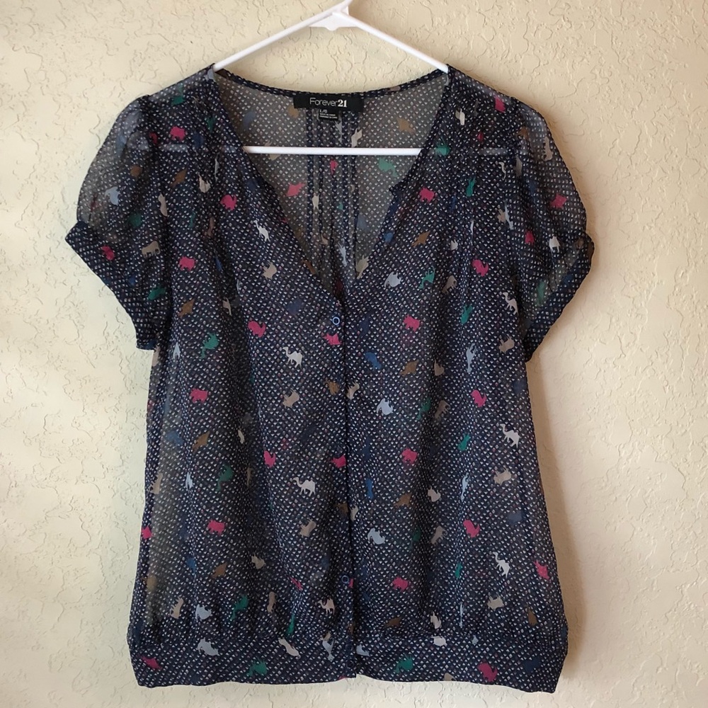 Sheer navy and animal print short sleeve button up